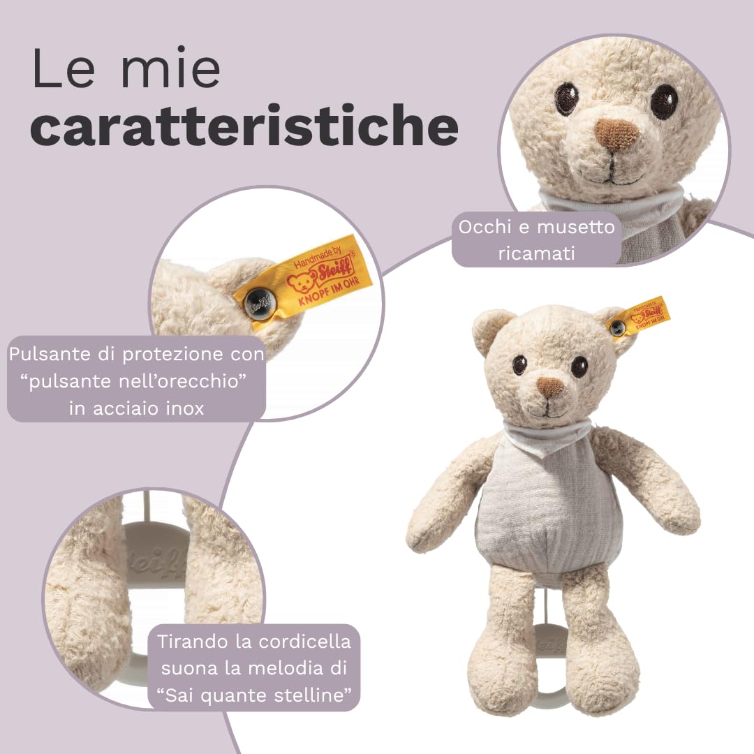 Steiff Peluche Carillon Orsacchiotto Noah GOTS, dolce animale di stoffa, bambini, bambine e neonati da 0 mesi, Friends, gioco di 23 cm, beige, 242779