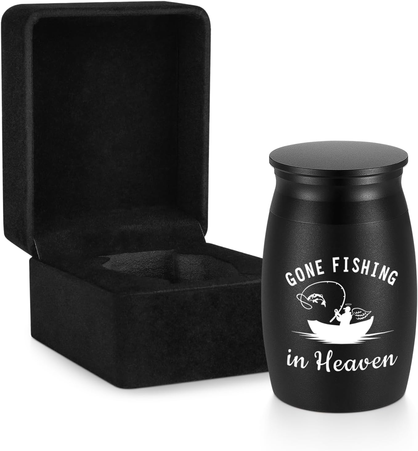 SOITIS Small Urns for Human Ashes Keepsake - 2.76 Inches Black Aluminium Urn with Gift Box, Cremation Urns Memorial Holder, Funeral Sharing Decorative Urn for Women Men - Gone Fishing Mini Urn