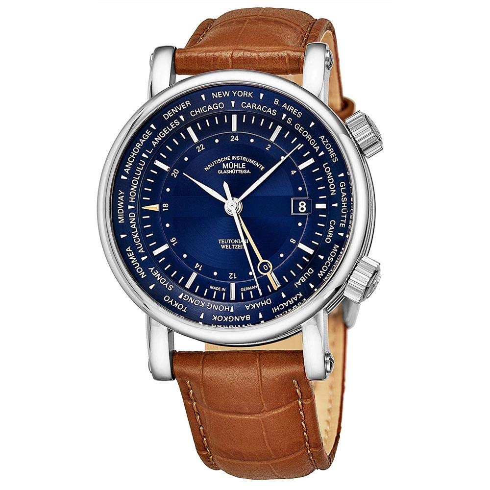 Muhle Glashutte Teutonia II Weltzeit Mens Automatic GMT Watch - Blue Face with Date, World Time and