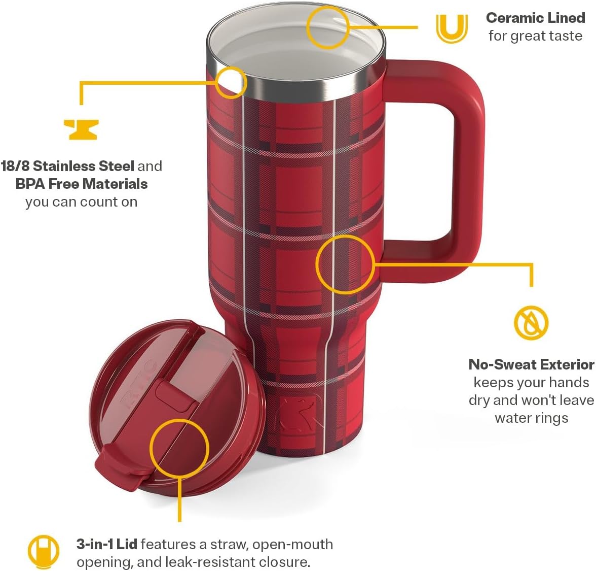 RTIC 30 oz Road Trip Tumbler Double-Walled Ceramic Lined InsulatedStainless Steel Portable Travel Coffee Mug Cup with Lid, Handle and Straw, Red Plaid