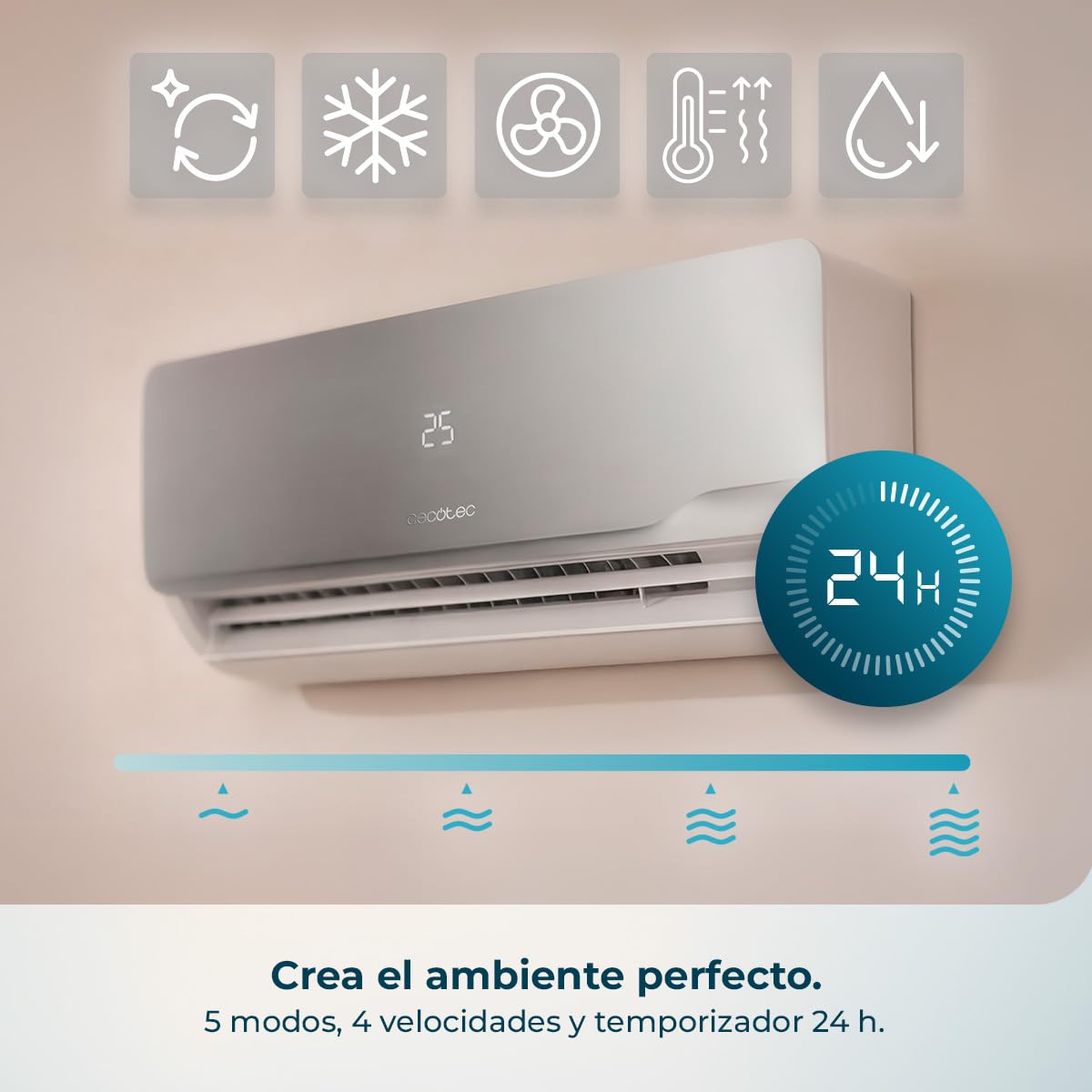 Cecotec Aire Acondicionado Split AirClima 12000 Wind Connected A+++. Inverter, 12000 BTU, Eficiencia A+++, Wi-Fi App, Bomba de Calor, Deshumidificador 26,4 L/día, Temporizador 24h, Pantalla LED