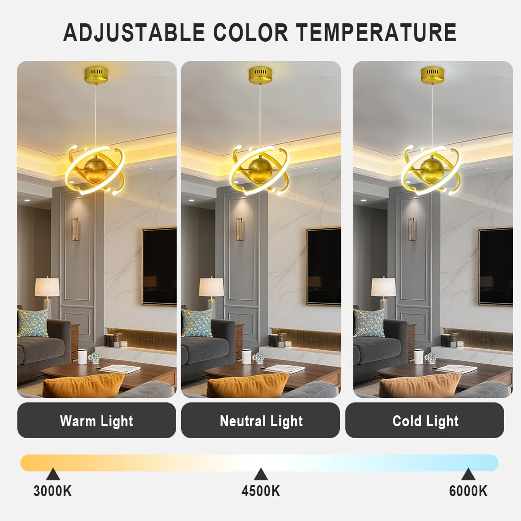 TONGNIDA Modern LED Chandeliers Ceiling Lights,Three Color Temperature Pendant Light,Adjustable Globe Hanging Lights 26W,DIY Light Fittings Ceilings for Kitchen Island and Bedroom,Living Room,Gold - Image 2