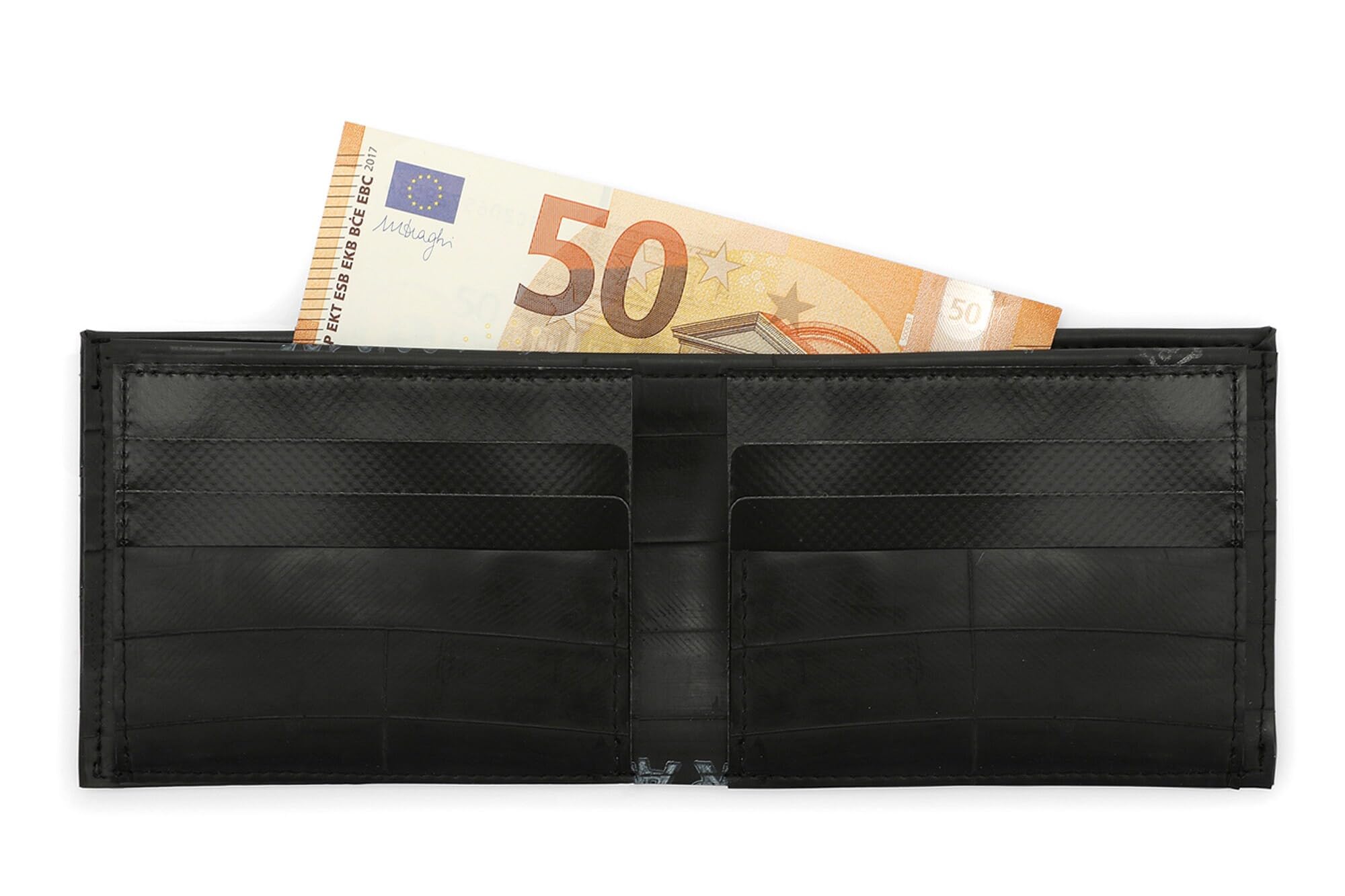 MNMUR Portafoglio Uomo Slim Nero – Compatto, Sottile ed Elegante | Design Classico, Artigianale, Senza Portamonete | Materiali Vegan e Riciclati | 11x8.5 cm