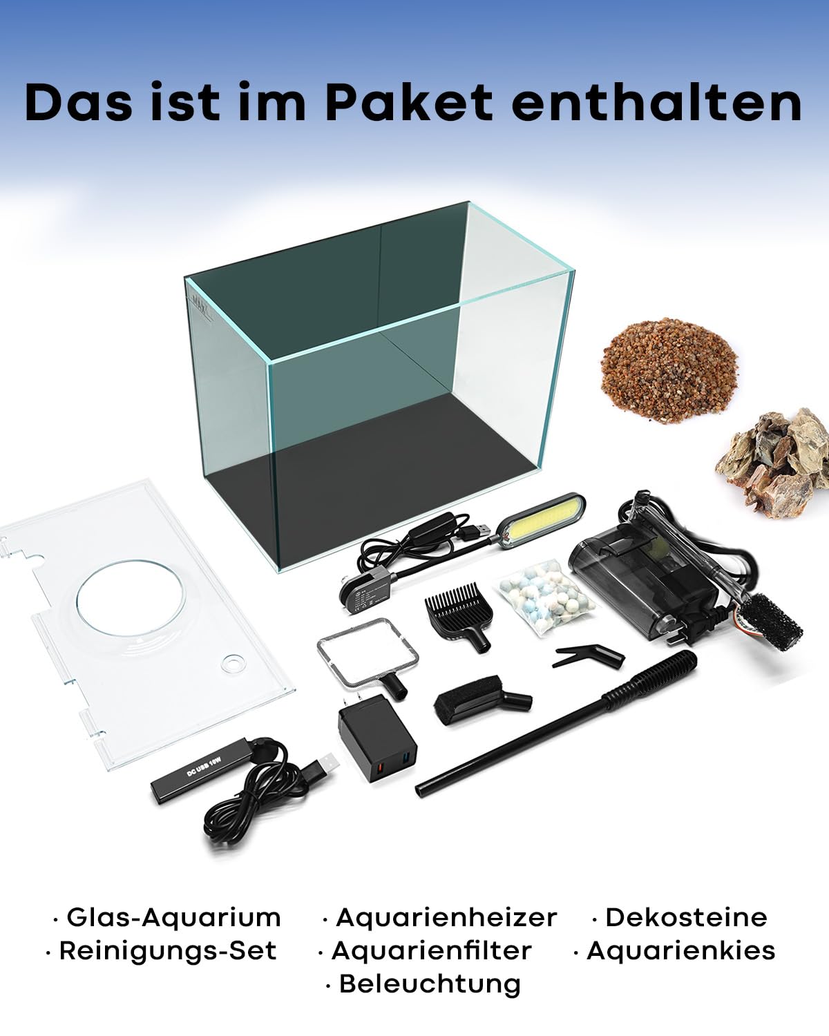 Aquarium Desktop-Set 10L Kleines Fischbecken 30x15x22, Ultra-Klares Glas mit Selbstreinigungsfilter, Helles Licht, Heizung, Steine,Kies, Reinigungswerkzeug, Randloses Fischglas für Anfänger Starterkit