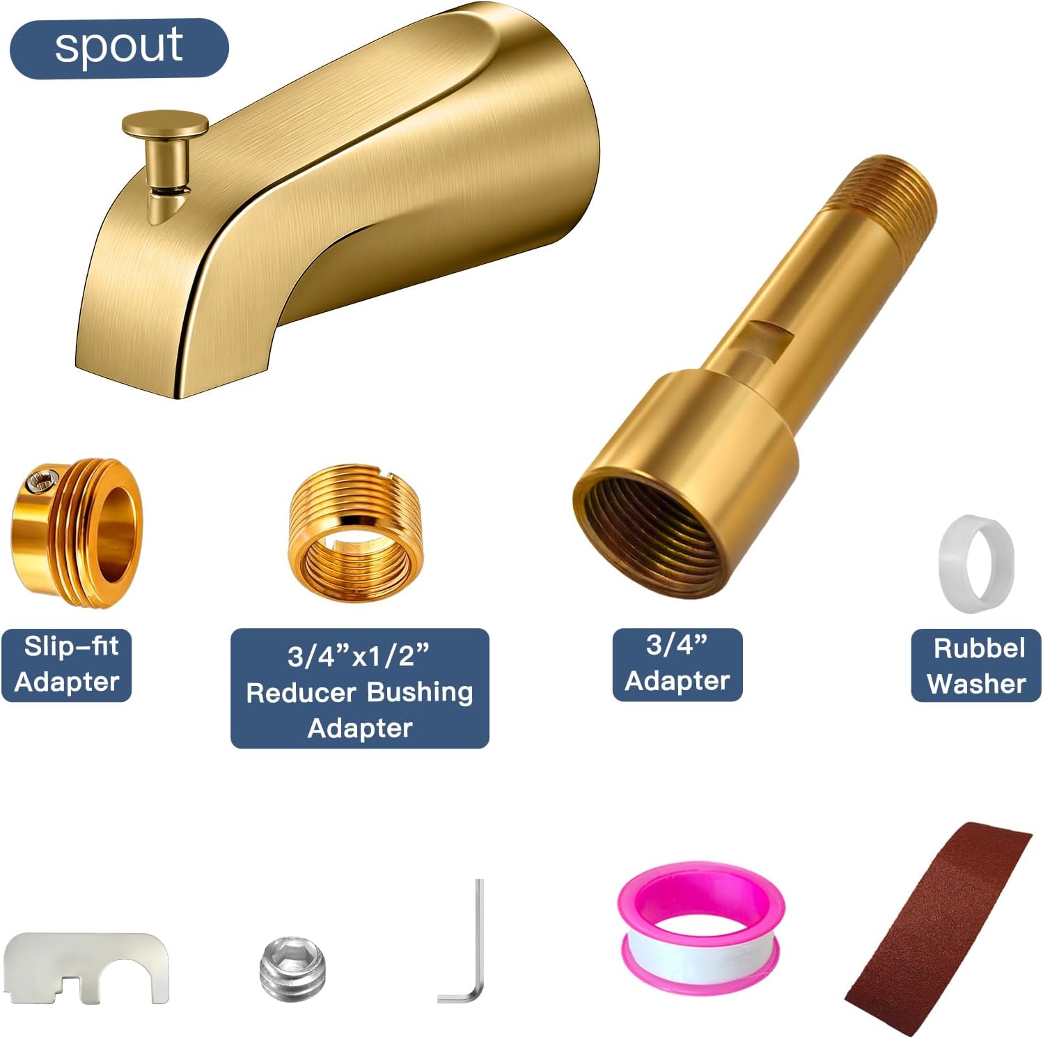 Brushed Gold Bathtub Spout with Diverter, All Metal,5.3 Inch Tub Spout, Fits 1/2" Copper Slip-On and 1/2" or 3/4" IPS Threaded Pipes, Leak-Free, Slip Fit Tub Spout with Pull-Up Diverter