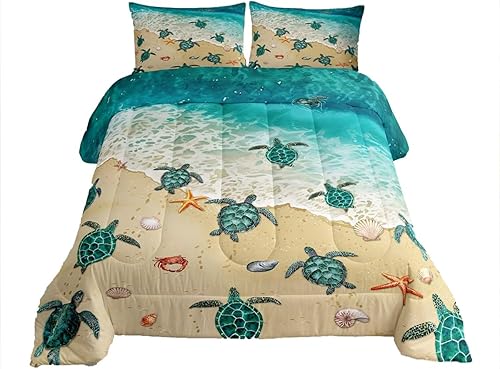 Miniatura 1 de Juego de edredón de tortuga de mar verde, océano, Hawaii, playa, tropical, para adolescentes y niños, relleno de edredón de olas de mar de tortuga,