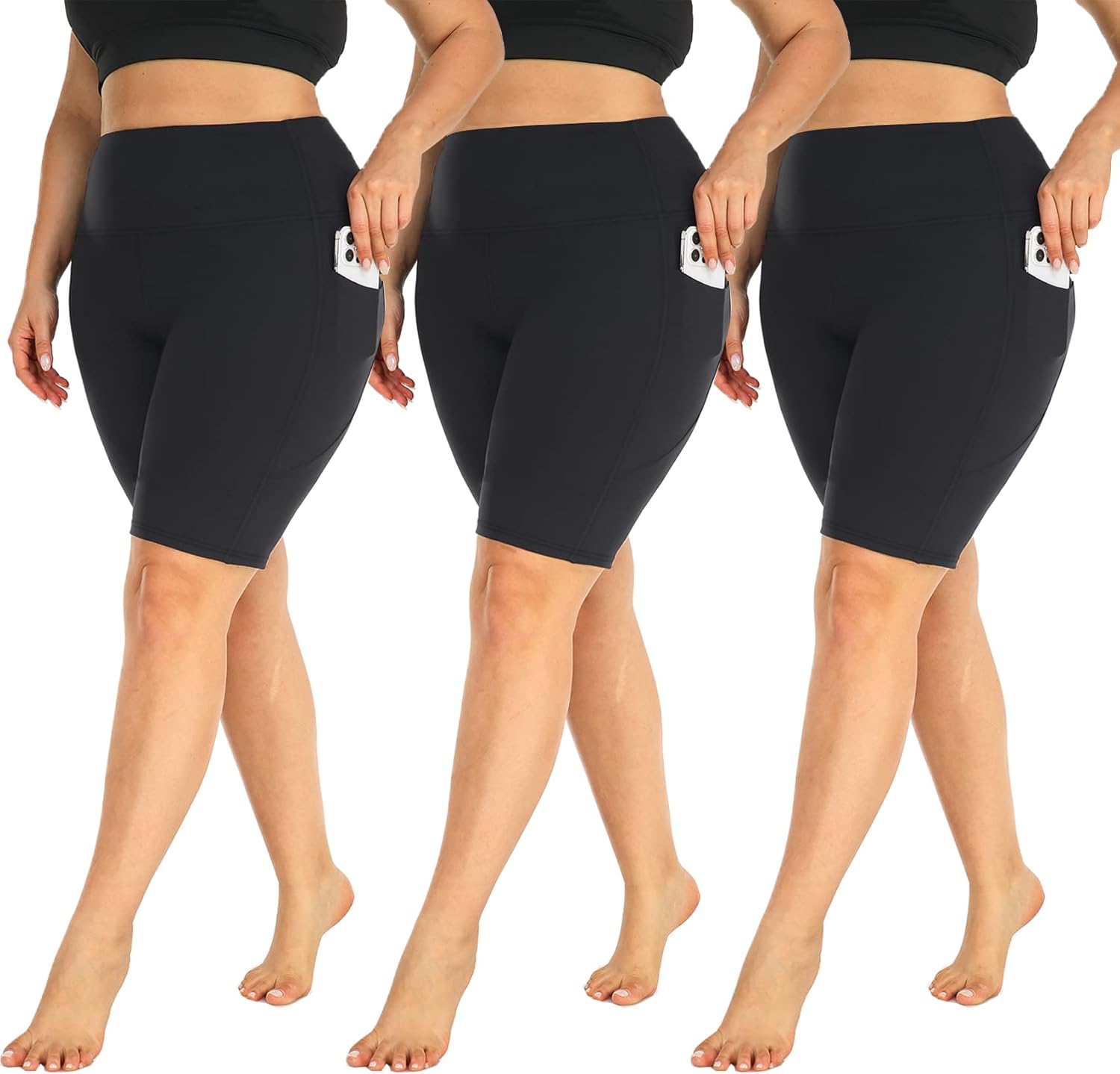 MOREFEEL 3 Pack Plus Size 8" Biker Shorts with Pockets for WomenHigh Waist NonSee