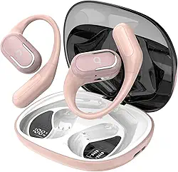 Fone De Ouvido Bluetooth Esportes, Basike T7, IPX6/OWS, Tela LED Dupla, Fone de Ouvido Estéreo Hi-Fi, Suporta Chamadas de Voz, 60 Horas em Standby Para Corrida e Exercícios ao Ar Livre (PRO Ouro Rosa)