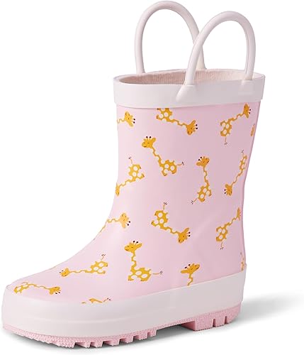 Amazon Essentials x Sofia Grainge Unisex Kids' Waterproof Rubber Rain Boots for Boys and Girls, Light Pink Giraffes, 13 Little Kid