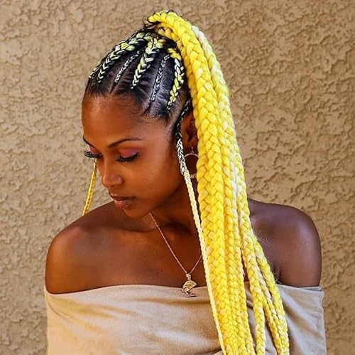 Sovaeer Yellow Jumbo Braiding Hair Extensions Jumbo Braids For Twist Box Braids Crochet Hair High Temperature Synthetic Fiber Single Color For Women 24 Inches 100G/Bundle (3 Bundles/Pack,Yellow) #TOP2