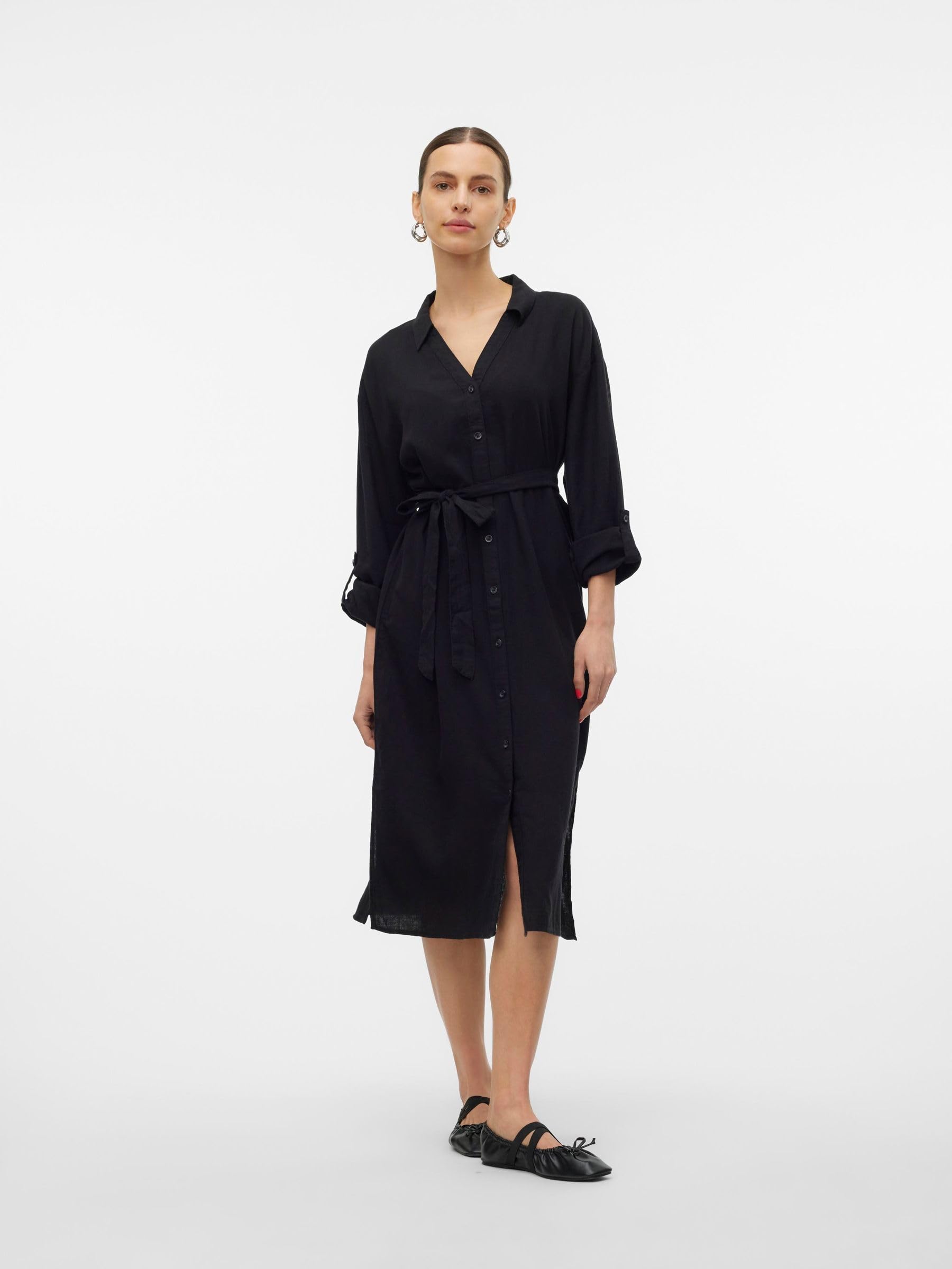 Vero Moda Vmlinn Linen WVN Noos T-Shirt Ample en Mollet Robe Chemise Femme