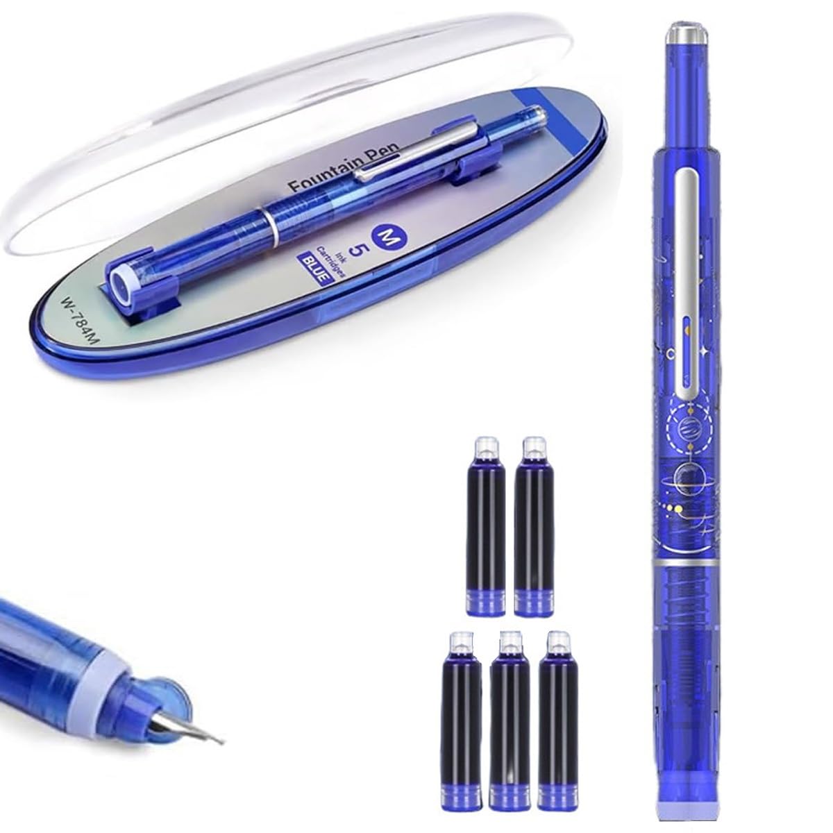 Homtrator Type A Fountain Pen Retractable, Retractable Fountain Pen, 0.38Mm Blue&Black Ink Transparent Barrel Includes 5 Refillable Ink Cartridges, Cartridges Smooth Writing For Journaling Doodling