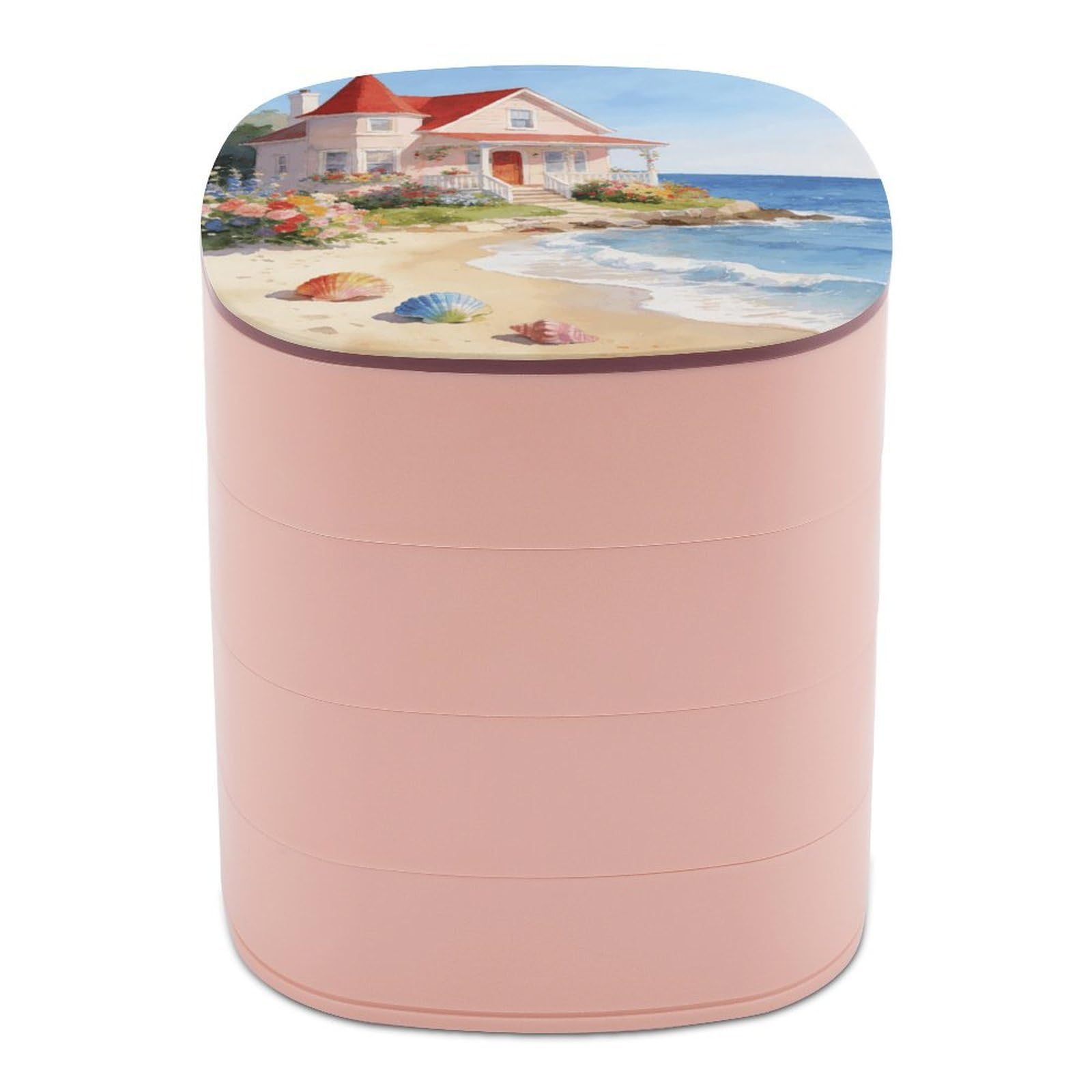 LZQPOEAS Beach House Jewelry Box Women Jewelry Organizer Travel Jewelry Case Cute Necklace Ring Storage Organizer 4-Layer Rotating Jewelry Tray Case with Mirror for Bracelets