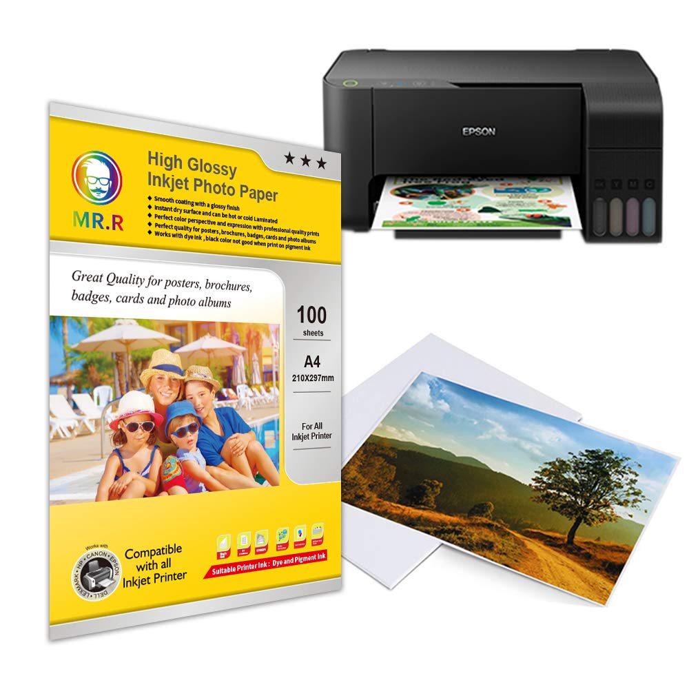 MR.R Dwustronny błyszczący papier fotograficzny do drukarek atramentowych, 300 g/m², A4, 210 x 297 mm, 100 arkuszy w opakowaniu