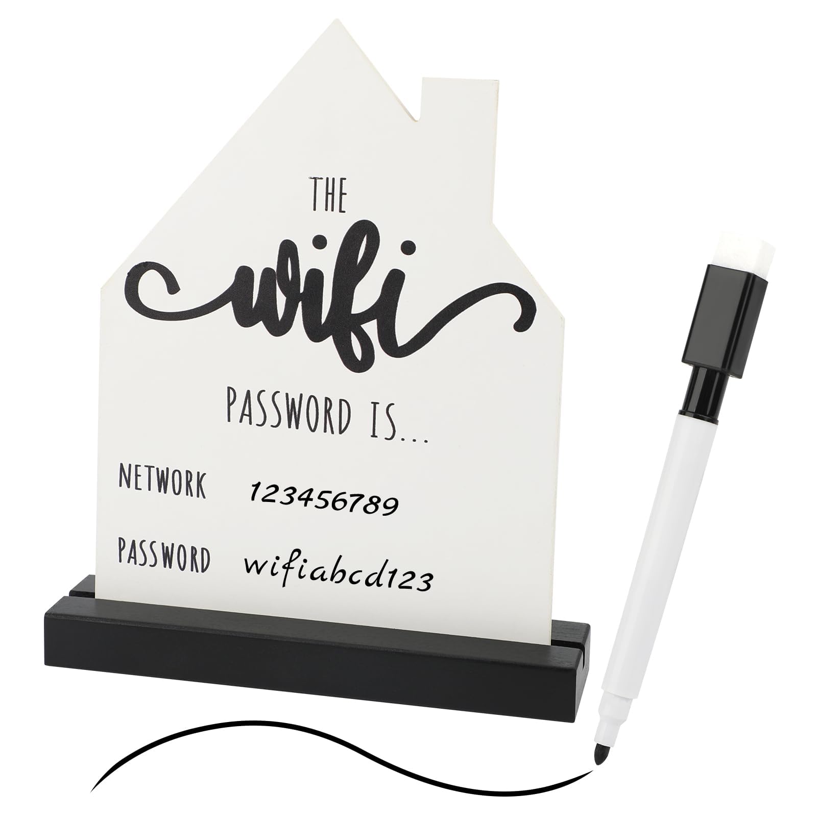 Ktxaby White Wooden Wifi Password Sign with Marker,Writable Table Wifi Pattern Sign with Wooden Base for Home,Restaurant,Cafe,Business,Table Centerpieces Decoration(House Shape)
