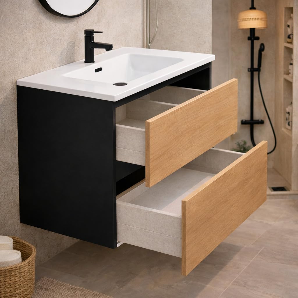 Baikal Mueble de Baño Lia. Mueble MONTADO. 2 Cajones Suspendido con Lavabo Ceramico. Armario de Baño. Cierre Amortiguado. Altura 64cm. 90cm. Negro - Nature