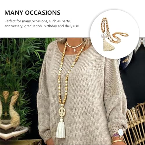 DEARMAMY Halskette Mit Quaste Und Holzperlen Friedenszeichen Anhänger Für Damen Boho Stil Ideal Layering Kette Perfekte Geschenkidee Für Frauen Zarte üßwasserperlen Und Charmante