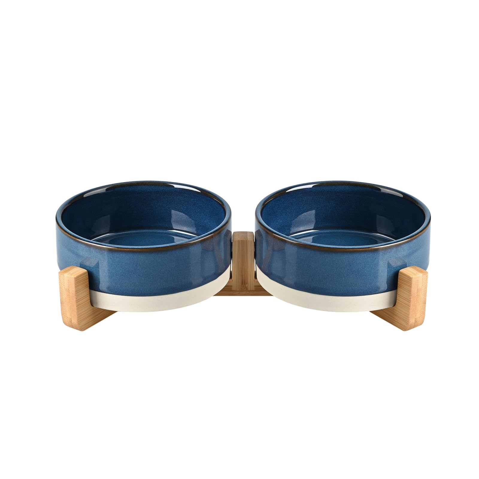 SPUNKYJUNKY Ceramic Dog and Cat Bowl Set with Wooden Stand, Modern Cute Weighted Food Water Bowl Set for Small Size Dogs (1.7 Cups, 2 × Pattern Blue)