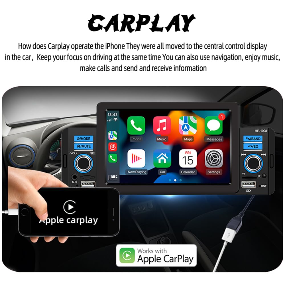 Radio para coche de 1 Din y 5 pulgadas para Carplay y Android Auto, reproductor Mp5 para coche con pantalla táctil, Mirror Link, BT/SD/USB/Aux, cámara de visión trasera de 4 LED, control remoto