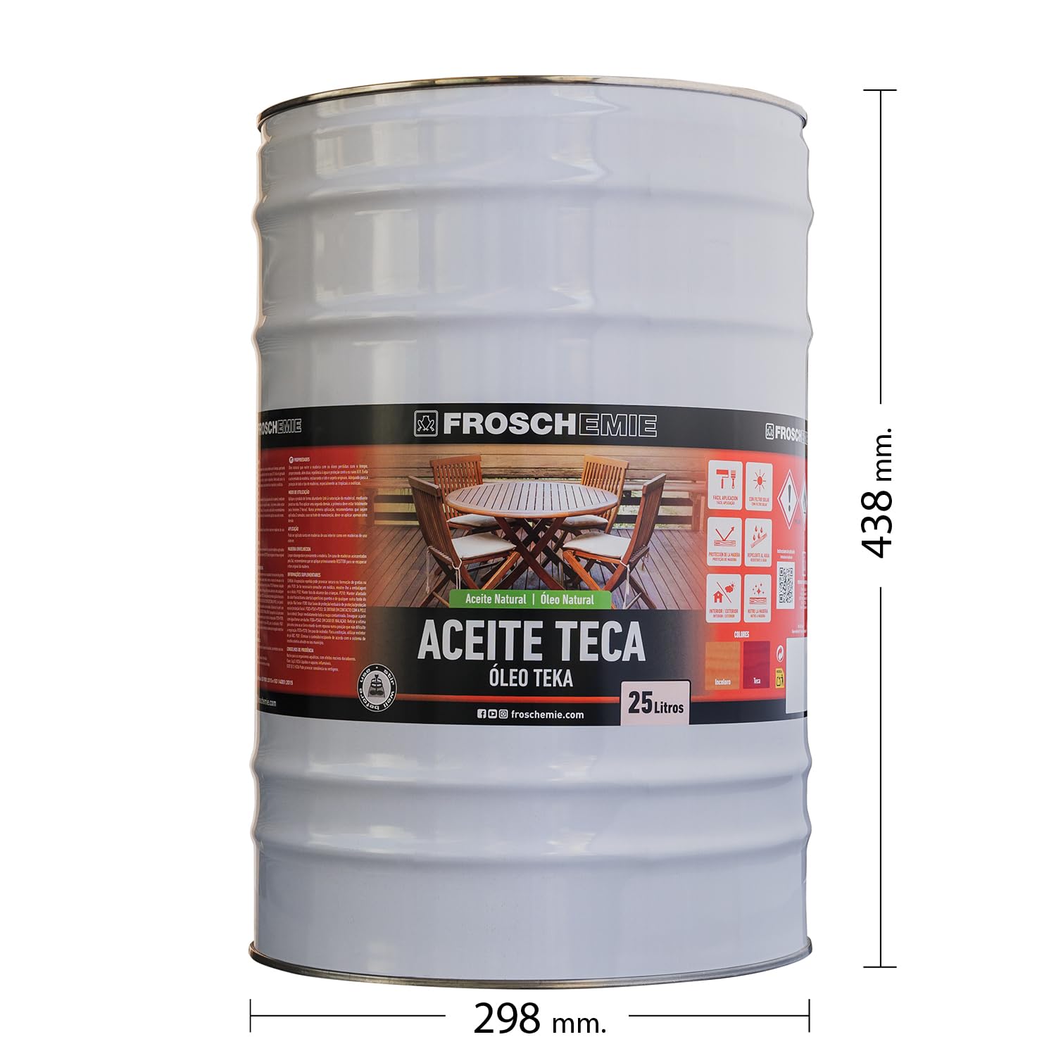 Olio di Teak Naturale FROSCHEMIE con Ingredienti Naturali | Facile applicazione, Filtro solare e idrorepellente | Arricchisce il legno | Protegge dalle intemperie | Incolore 25L