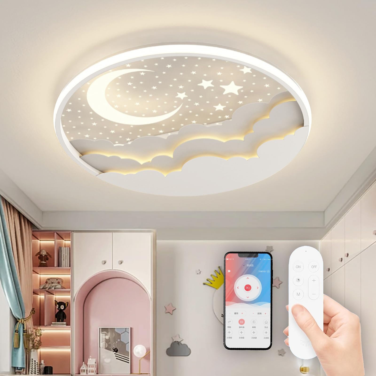 Lampara de Techo Infantil LED, Lámpara de Techo Creative Star and Moon, Lampara Techo Dormitorio 3000K-6000K Regulable con Control Remoto, Luz de techo para Dormitorio de Niños y Niñas, Blanco,40cm