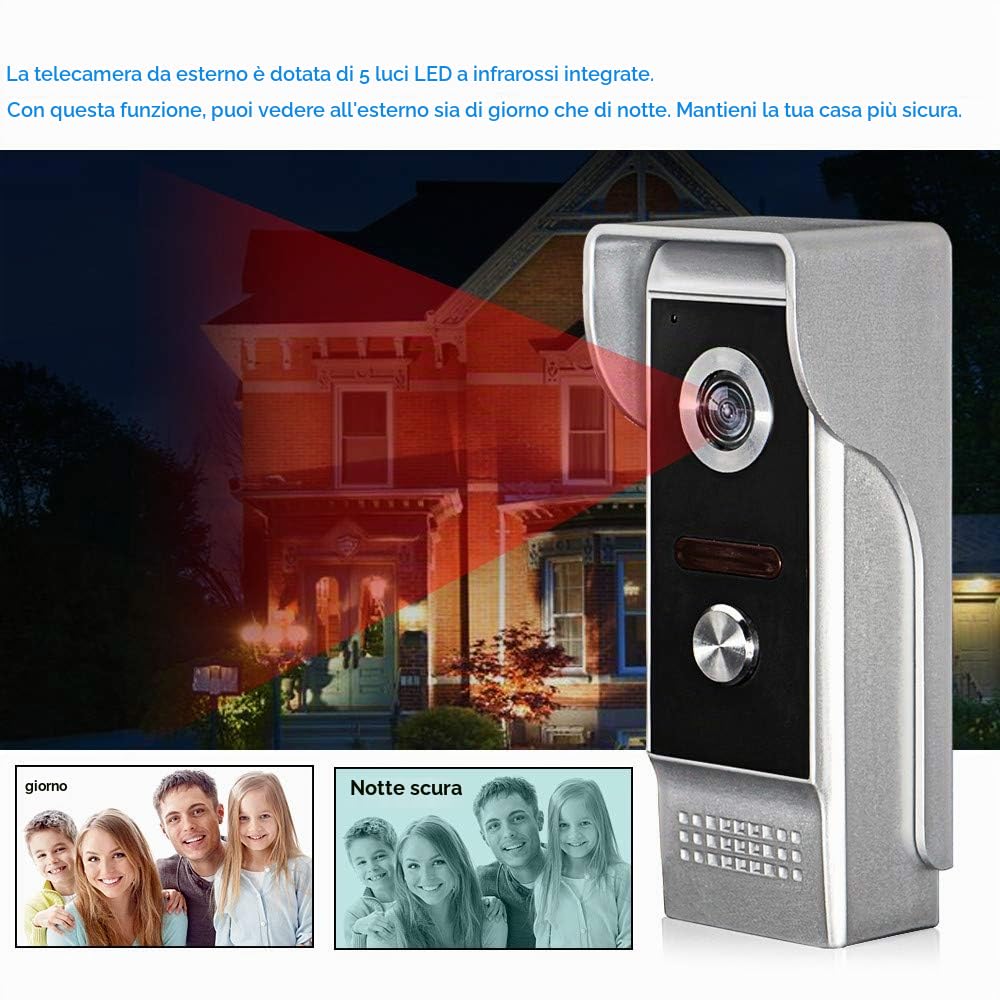 OBO HANDS Video Citofono Campanello 7''TFT LCD Cablato Kit di Videocitofono per la Casa Monitor Indoor 700TVL Telecamera per Esterni IR Supporto Sbloccare(1 Camera 1 Monitor)