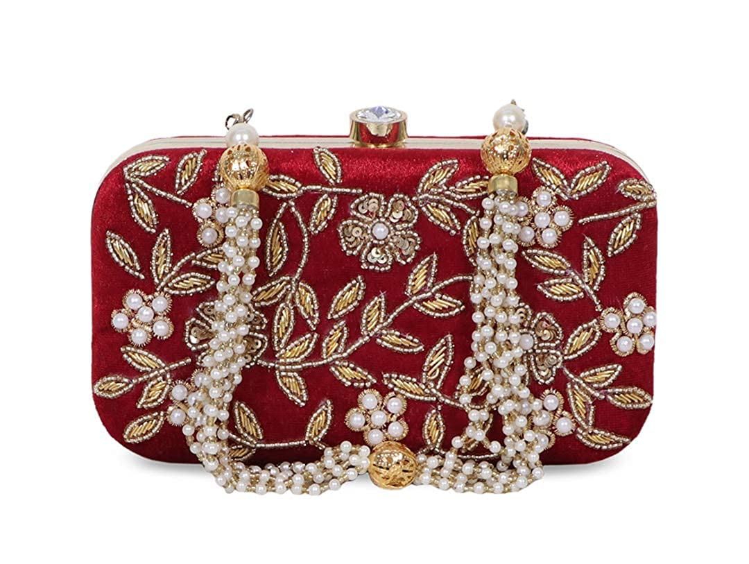FRINGES Womens Velvet Zari Zirkon Box Clutch Purse (Maroon) (B0B6GBFHQ7) Amazon Price History, Amazon Price Tracker