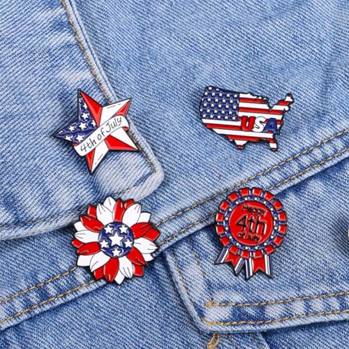 Image of American Flag Brooch Pins 4th of July Brooches for Women Men Red White Blue USA Flower Star Flag Lapel Pins Independence Memorial Day Brooches Patriotic Medal Suit Dress Badge Jewelry Accessories 4 Pcs /set（Style02）