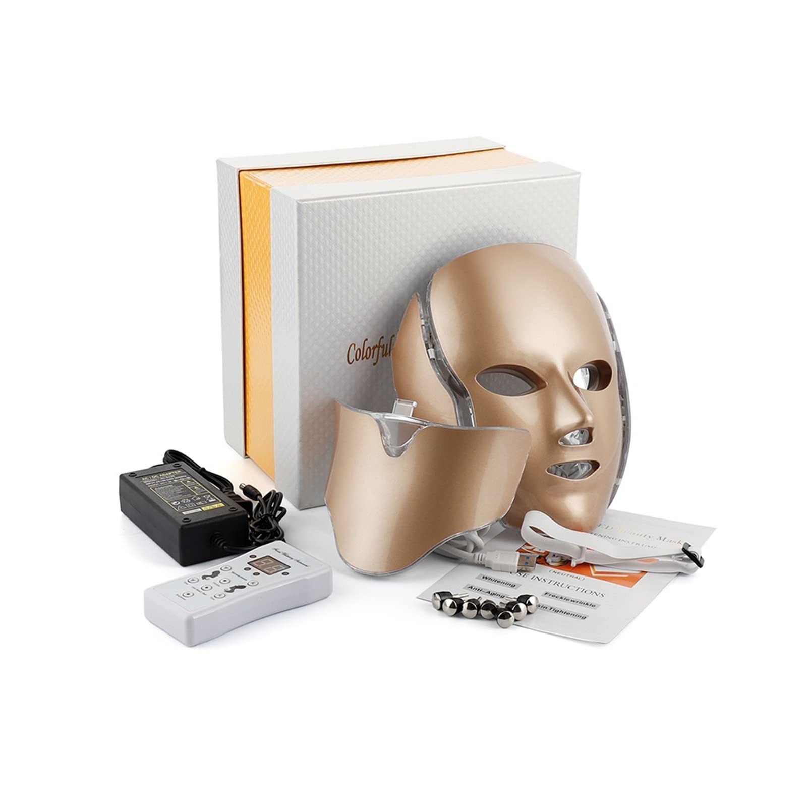 7 Colores Terapia de luz LED Mascarilla Cuello Rejuvenecimiento de la Piel Fototerapia Máscara de Belleza Anti Acné Apriete la Piel Aclare la máquina Salón de Belleza Cuidado de la Piel,Oro