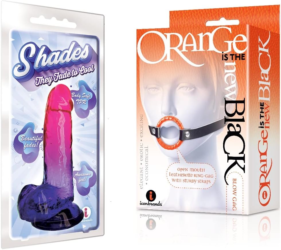 Sexy Gift Set of Shades, Large Jelly TPR, Gradient Dong, Pink and Plum and Icon Brands Orange is The New Black, Blow Gag, Open Mouth Leather Gag