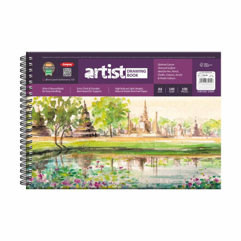 Anupam Artist Spiral Drawing Book A4 (30cm x 21cm) Size - 50 Sheets - 100 Pages 130 GSM Paper Landscape Opening by fine Creations.