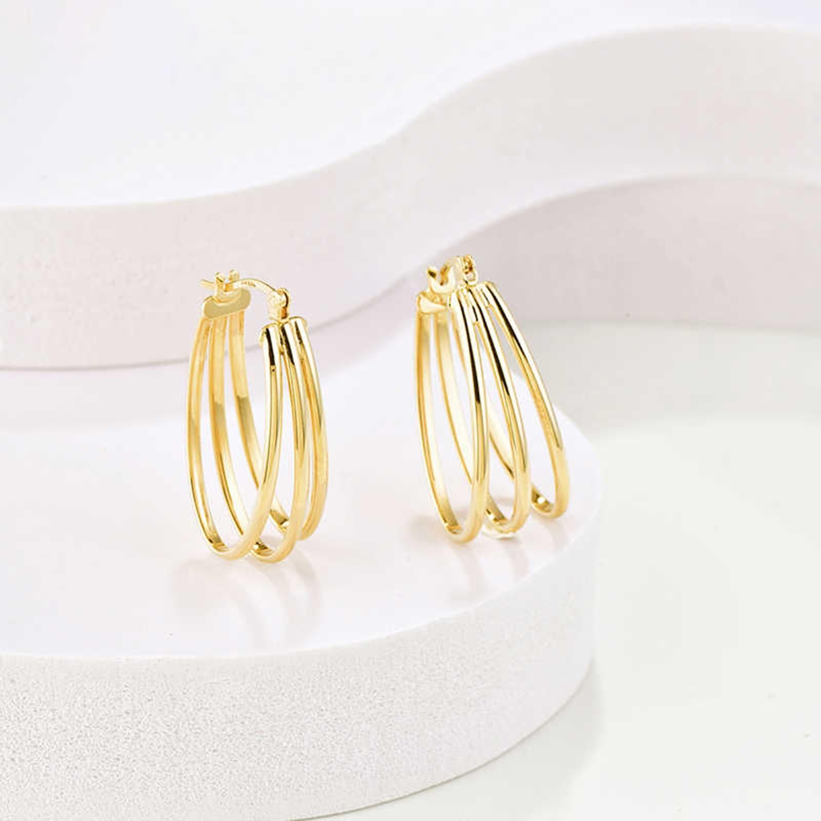 Pendientes para mujer, oro amarillo dorado, tres anillos, aretes de aro pequeños para mujer