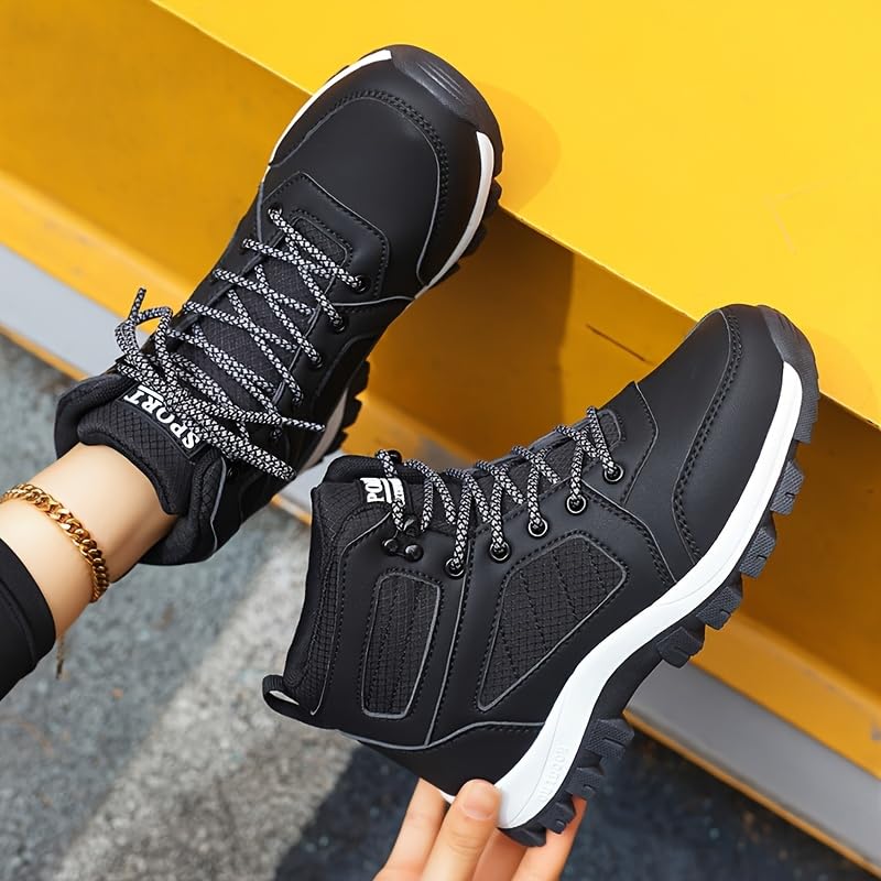 Black Women's Mid-Calf Lace-Up Hiking Boots | Sturdy Construction, Durable Footwear, Non-Slip Rubber Base | All-Season Outdoor Trekking Shoes for Hiking and Climbing3