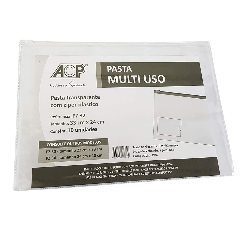 Pasta Transparente Multiuso zíper plástico PZ-32 330X240 Acp