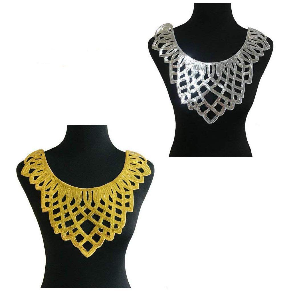 Gold Collar Sequin Floral Embroidered Applique Trim Decorated Lace Neckline Collar Sewing for Wedding Stage Costume Accessories