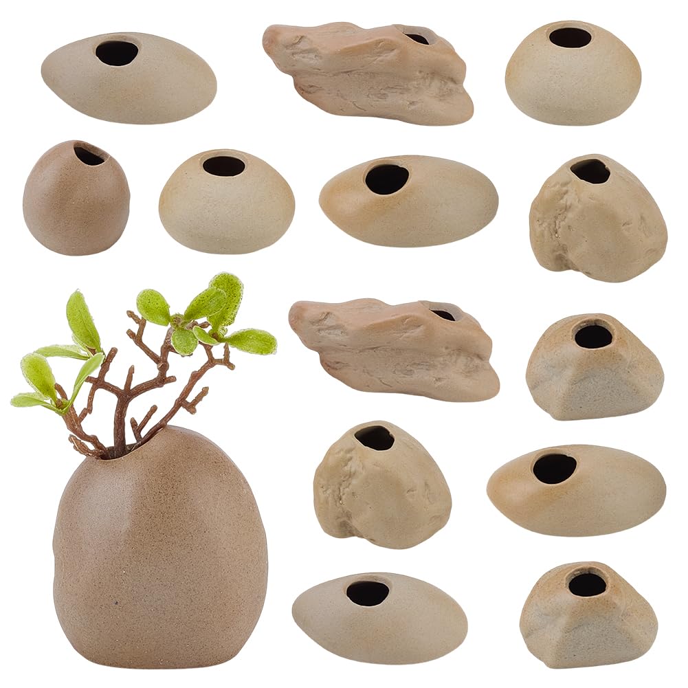 GOMAKERER 14 Pcs 7 Sizes Aquarium Plant Pots, Ceramic Aquarium Plant Holder for Fish Tank Aquarium Aquascape Decor, Natural Tan Color