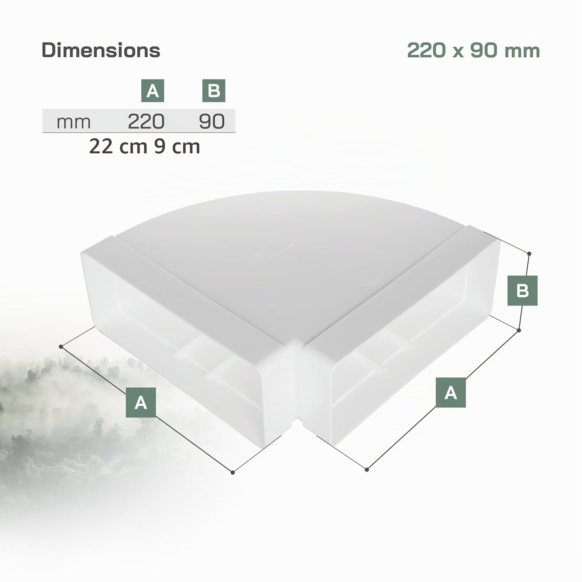 Vent Systems Coude de tuyau rectangulaire horizontal de 220 x 90 mm pour le raccordement des tuyaux. Angle : 90°. Système de ventilation, chauffage, refroidissement.