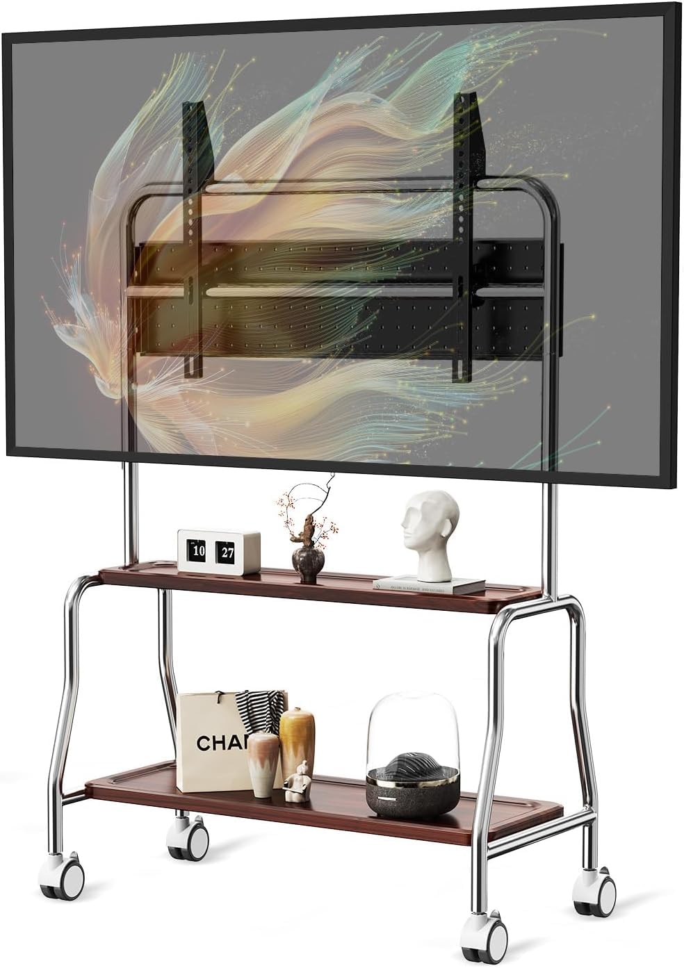 TV Ständer Rollbar für 32-75 Zoll Plasma/LCD/LED Fernseher, Mobiler TV-Ständer mit Doppelten Tablett und Lochplatte, Geeignet für Geschäfte, Wohnungen, Büros, Tragkraft 50 kg Max VESA: 600 * 400mm