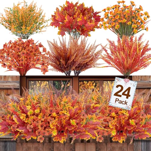 24 Bundles 6 Styles Artificial Fall Flowers Plants for Outdoors