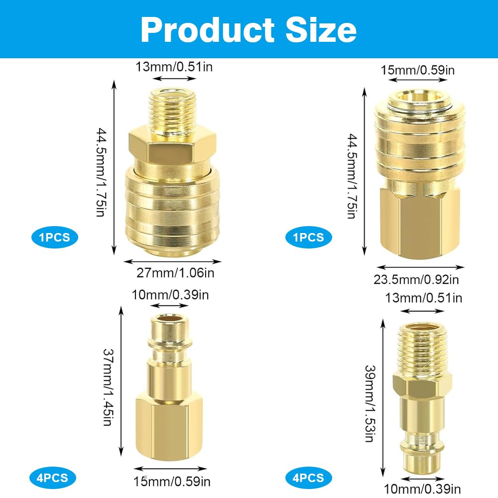 Air Line Connectors 10PCS Euro Airline Hose Compressor Fittings, 1/4" BSP Air Coupler and Plug Kit, Gold Plated Compressor Accessories - Image 2