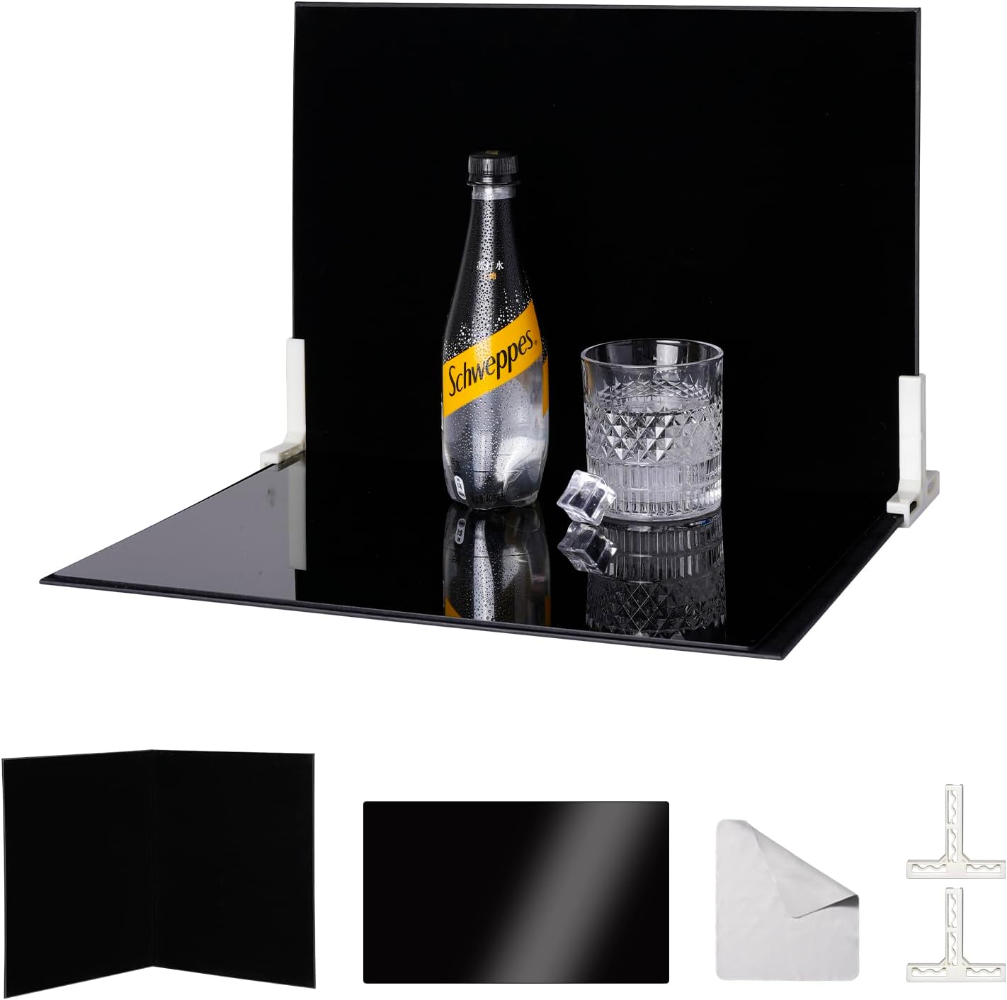 Product Photography Backdrop Kit, Reflective Black Acrylic Sheet & Light-Absorbing Flocked Bakcdrop Board, Tabletop Photo Background for Figurines, Jewelry and Cosmetics, 16x11.5in, MDAOCRY