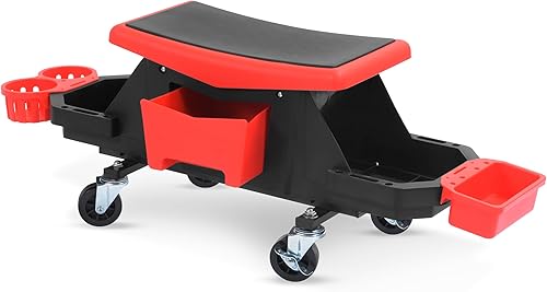 Miniatura 8 de YITAHOME Taburete detallado con ruedas, asiento mecánico con 2 bandejas extraíbles y cajón, taburete de garaje rodante resistente de 330 libras de