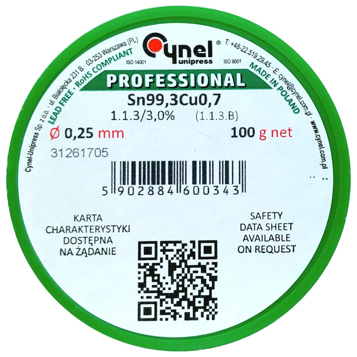 Lead Free Solder Wire, Sn99.3Cu0.7, 100g Reel (Ø 0.25 mm)