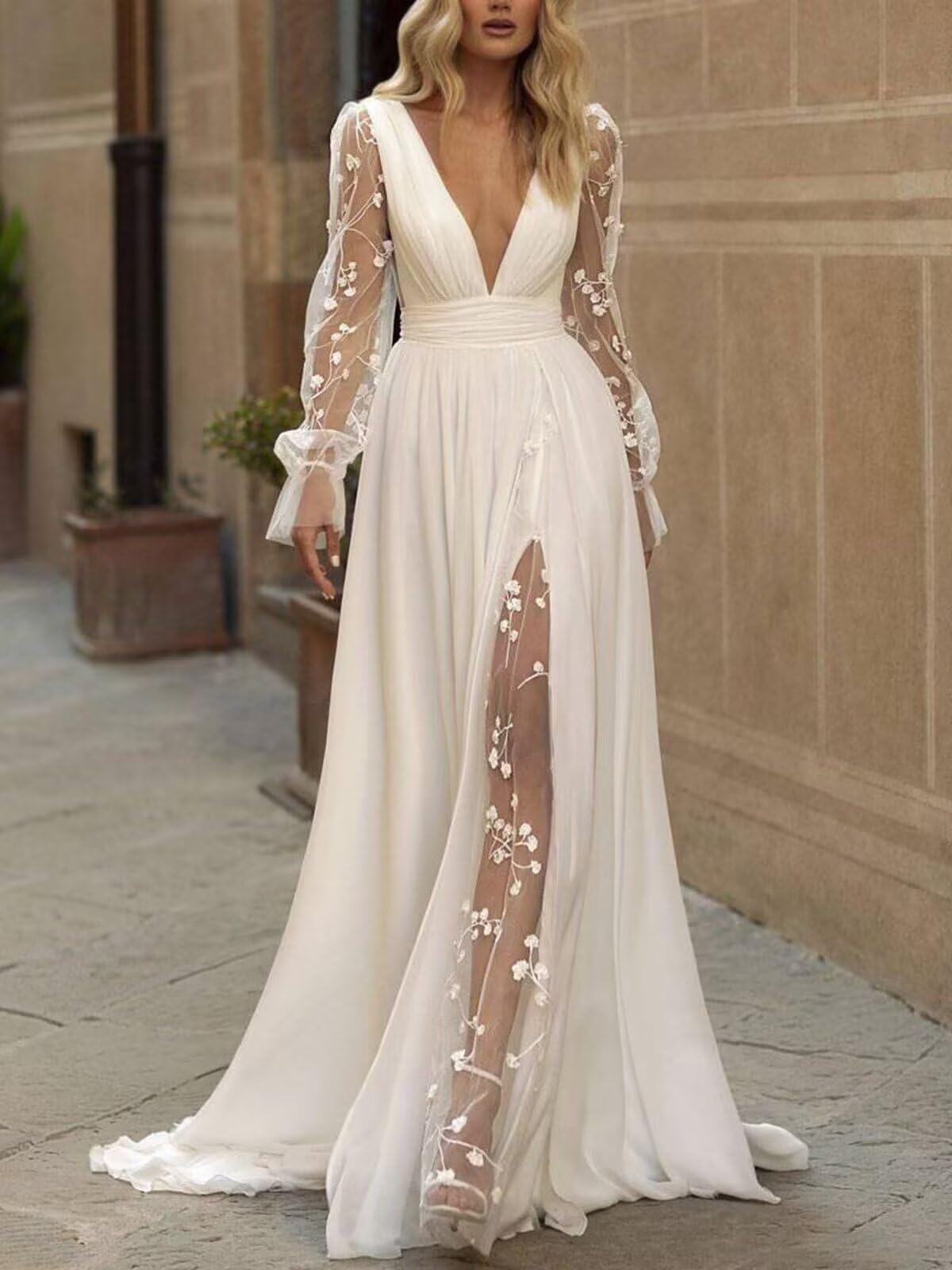 Hochzeitskleider Für Damen Spitze Beach Boho Brautkleider Langarm Standesamt V-Ausschnitt A-Linie Hinterlänge Brautkleid