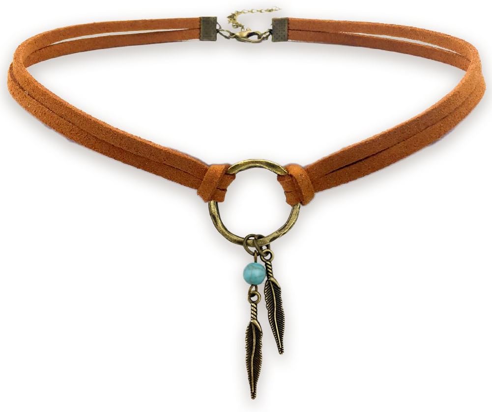 Suede Choker Necklace for Women, Native American Indian Jewelry Bohemian Feather Handmade Leather Jewelry
