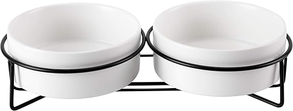 PETTOM Gamelle Chat Céramique Surélevée 2x400ml, Bol Chat Support Métal pour Croquette Eau, Anti Renversement, Blanc