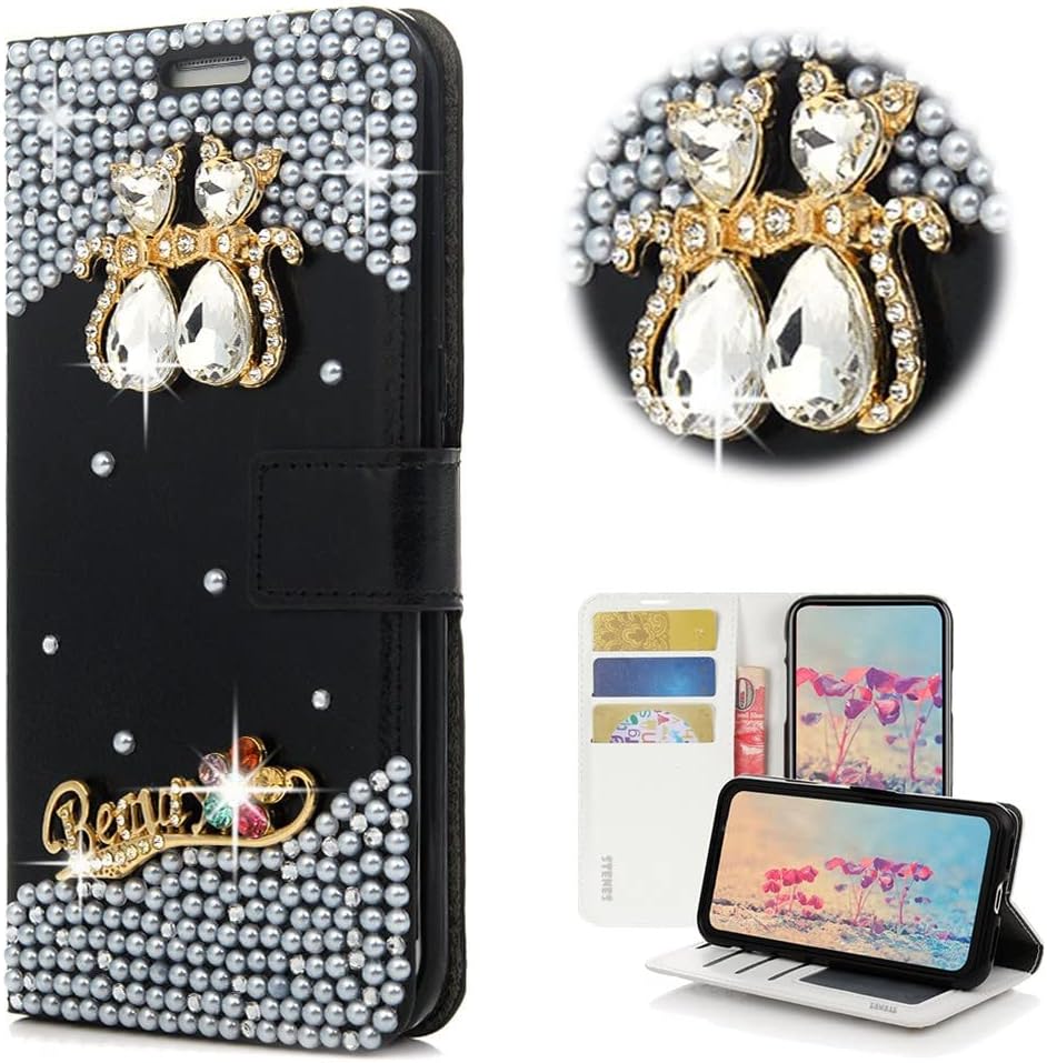 STENES Bling Wallet Phone Case Compatible with Samsung Galaxy Note 10 Plus - Stylish - 3D Handmade Crystal Couple Cat Flower Magnetic Wallet Leather Cover with Neck Strap Lanyard [3 Pack] - White