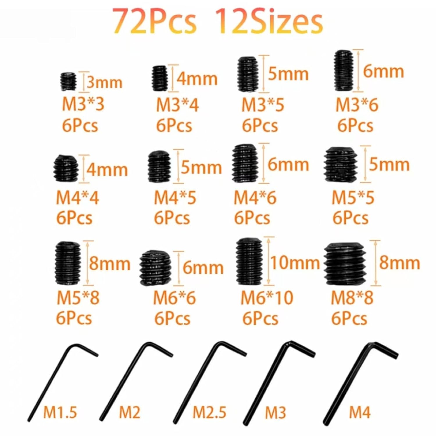 72-Piece Set Screws Assortment Kit with Hex Keys, Metric Allen Grub Screws (M3 M4 M5 M6 M8) for Furniture, Electronics, DIY - 12 Sizes