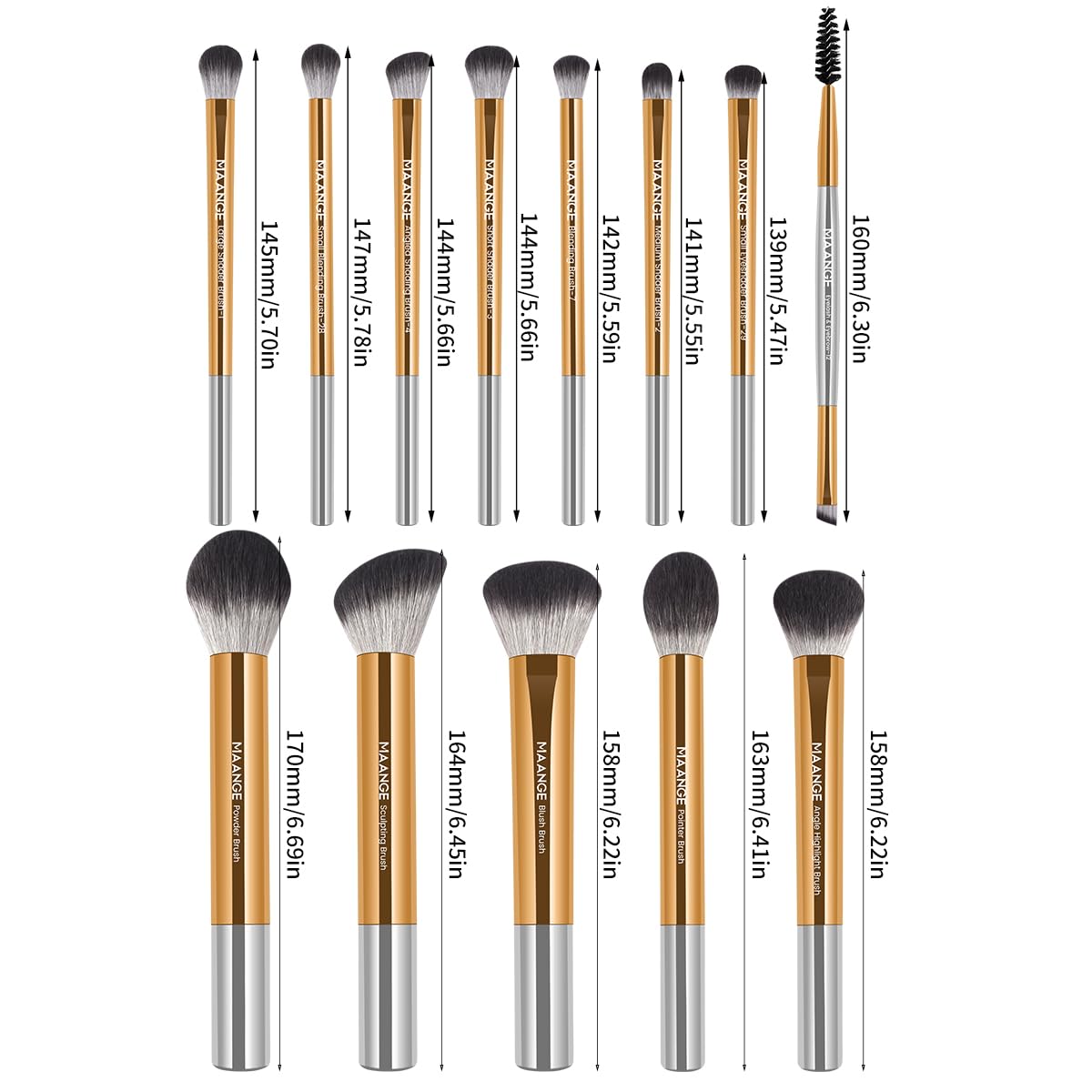 MAANGE 13 PCS Makeup Brushes Travel Make Up Brushes Premium Synthetic Powder Concealers Brushes Professional Makeup Brush Set with Case (Gold Silver)