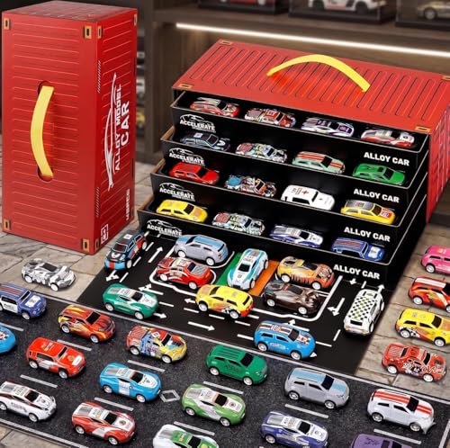 Image of Toy Cars for Kids,48pcs Mini Alloy Die-Cast Cars Set with Storage Box,Assorted Metal Pull Back Vehicles Toy for Kids, Boys & Girls Ages 3+,Birthday Gift,Travel & Play (Car Track)
